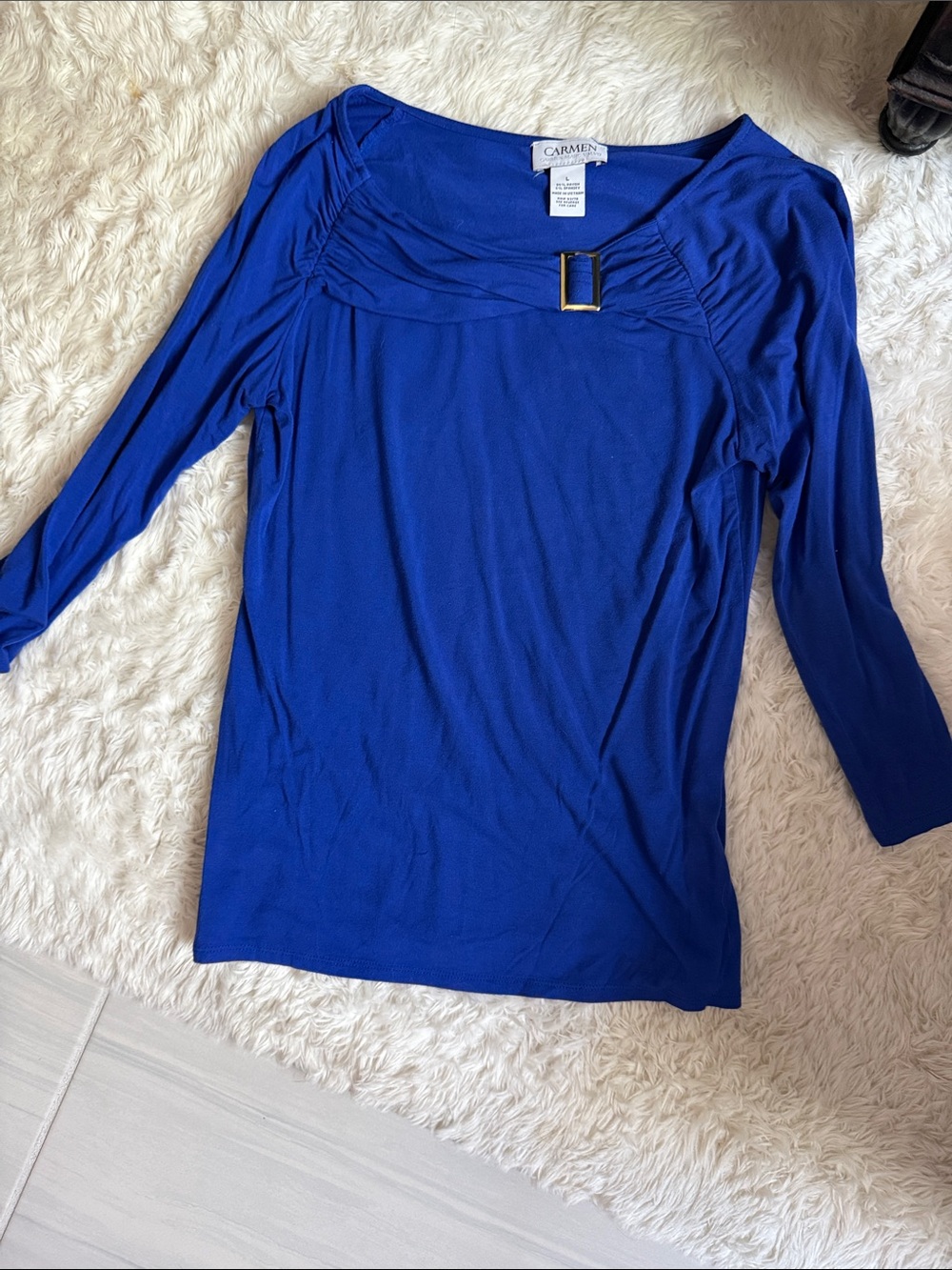 Carmen Marc Valvo Royal Blue Long Sleeve Top with Buckle Detail